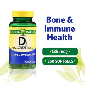 Spring Valley Vitamin D3 Softgels, 125 mcg per Softgel, 5,000 IU, 250 Count