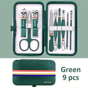 Premium Manicure Set - Stainless Steel Toe & Finger Nail Clippers, Files & Cutters - Perfect for Men & Women! (Color: Green 9 In 1)