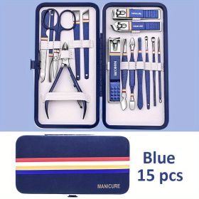Premium Manicure Set - Stainless Steel Toe & Finger Nail Clippers, Files & Cutters - Perfect for Men & Women! (Color: Blue 15 In 1)